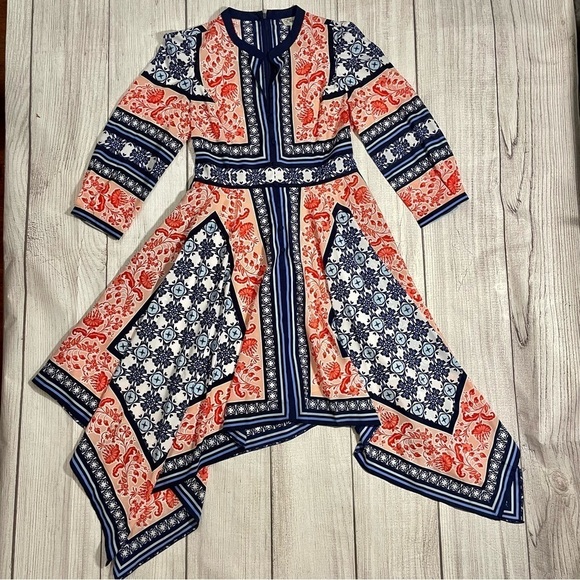 ELIZA J Women’s Bandana Print Handkerchief Dress Navy Orange Boho Coastal Size 6 - Picture 4 of 12